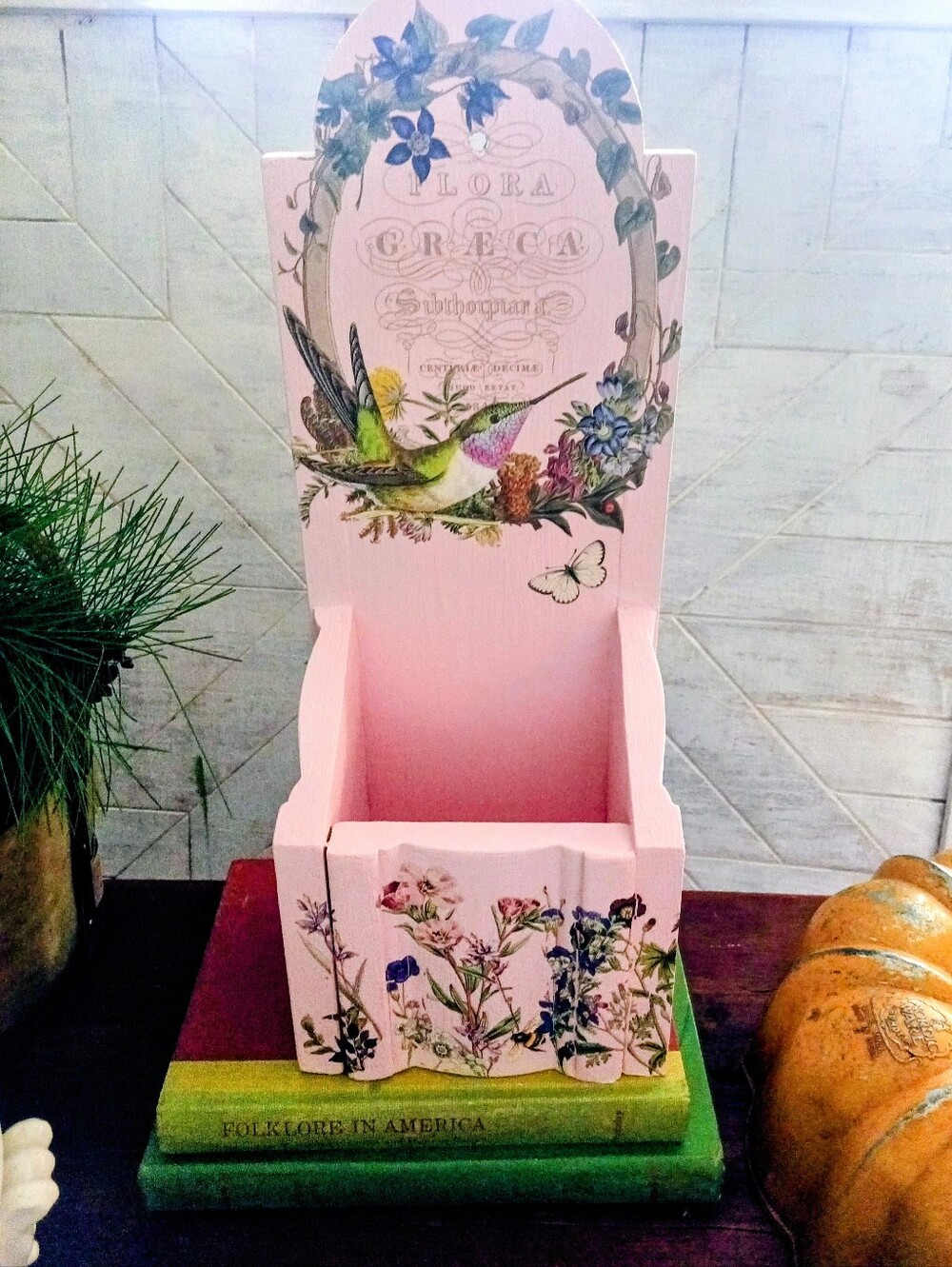 Pink Floral Hummingbird Decorative Organizer Wall Pocket Or Shelf Sitter